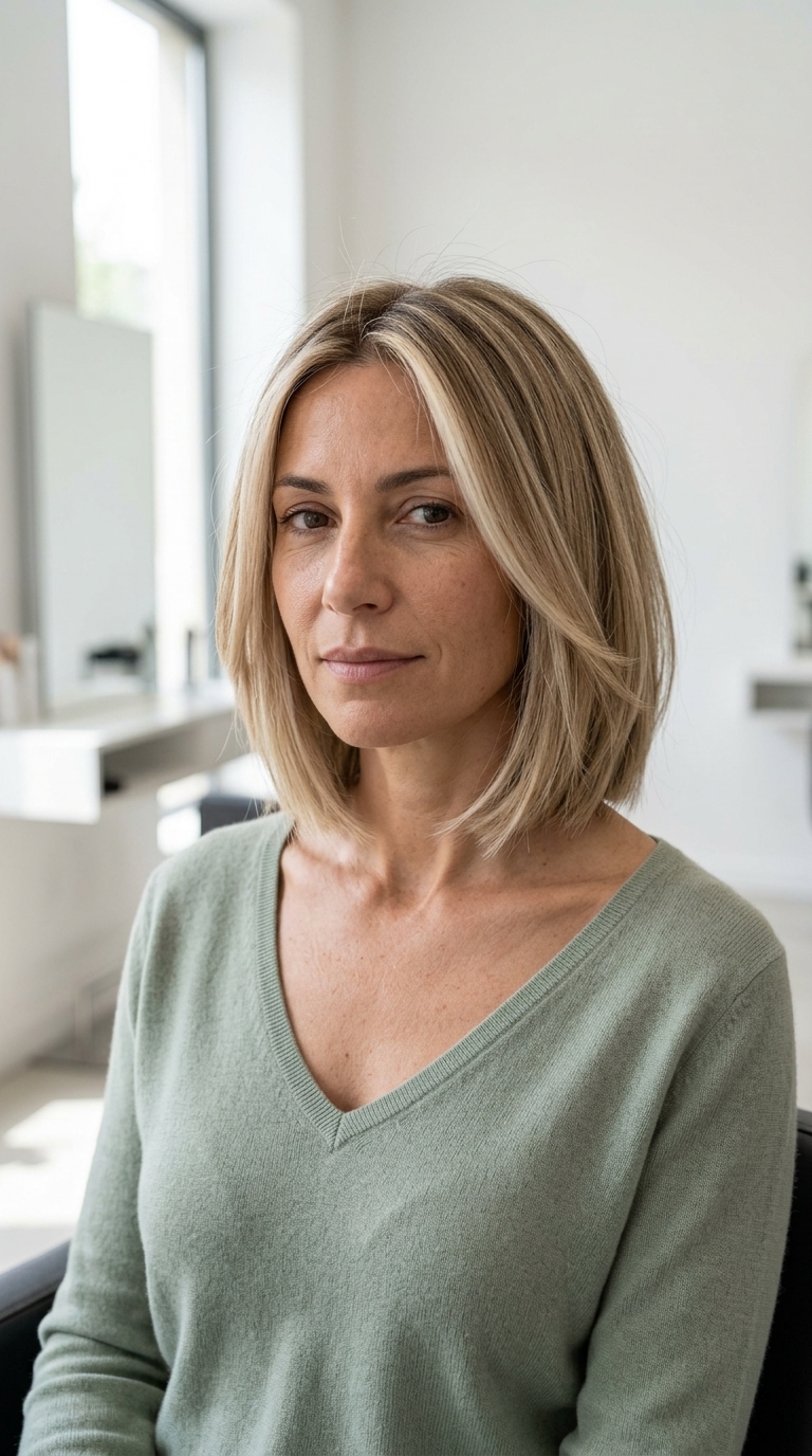 collarbone-length blunt bob haircut in neutral sandy blonde with face-framing highlights for summer