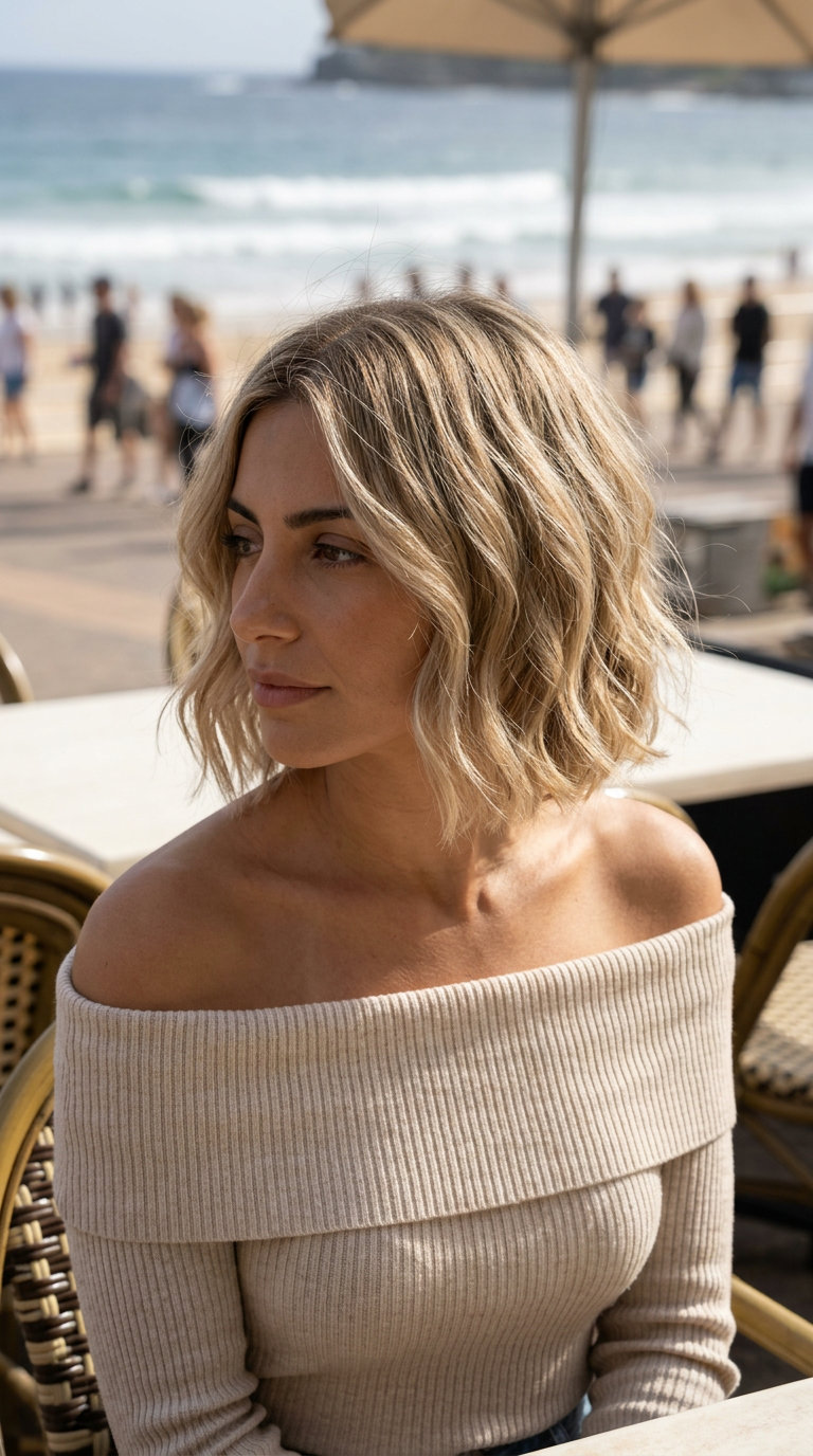 jawline tousled bob haircut with sandy blonde balayage, internal layers, razored ends