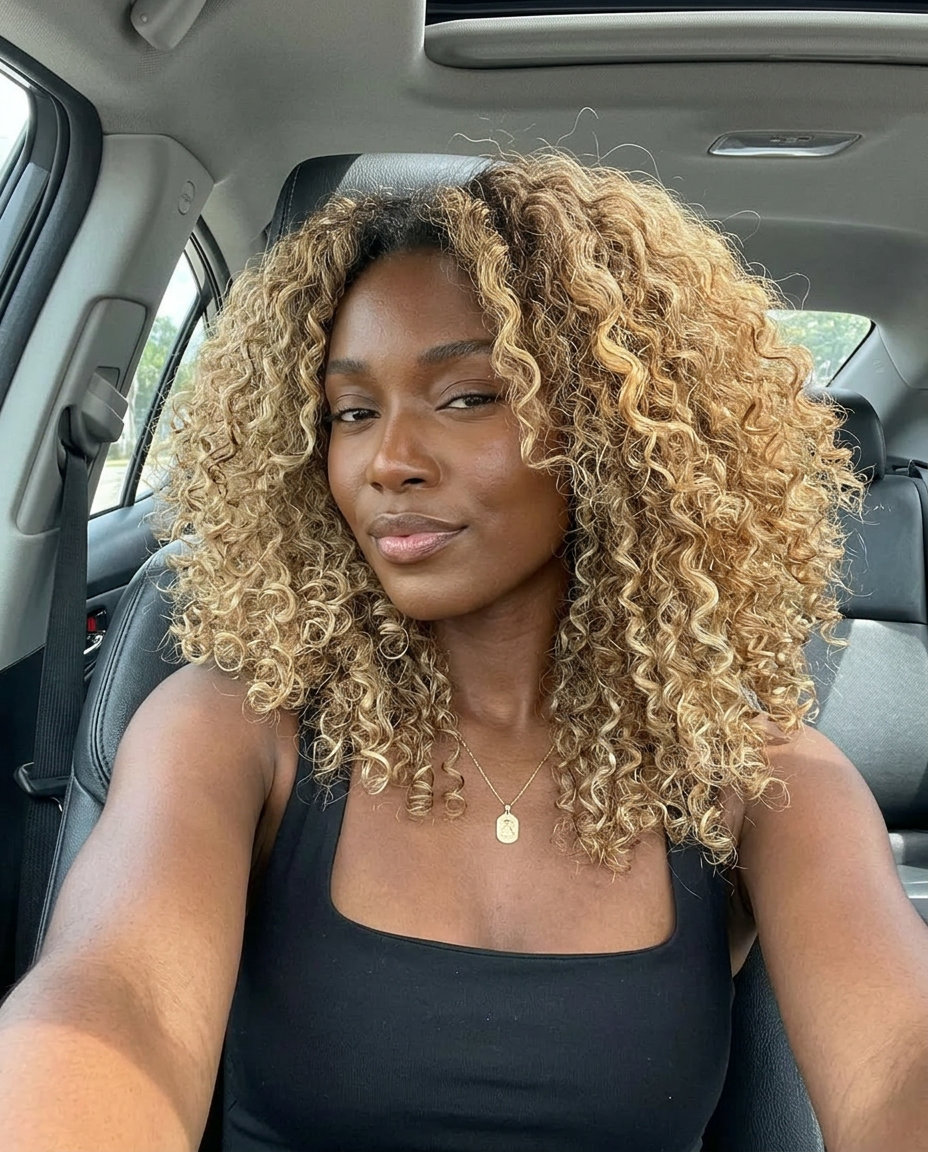 long curly haircut in sandy blonde balayage, natural brown root, voluminous cloud shape — natural beachy look