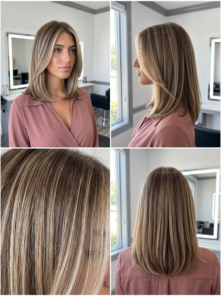 long sandy blonde face-framing highlights with cool beige, soft transition — effortless summer vacation