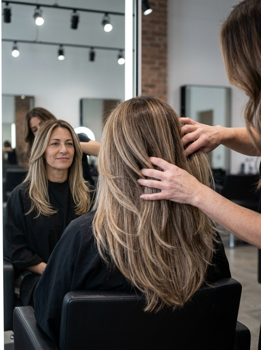 long layered haircut in sandy blonde balayage with face-framing layers for summer