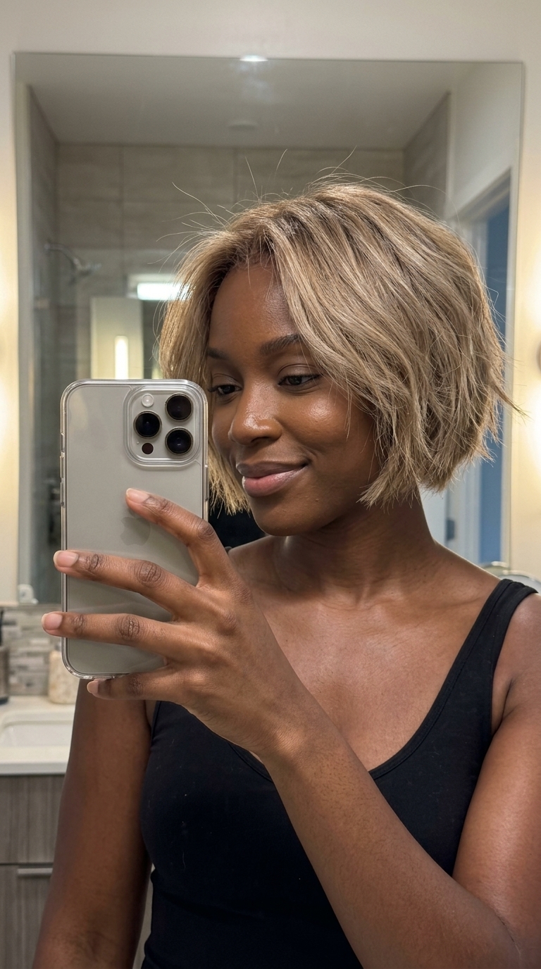 short razor bob haircut with sandy blonde, muted gold babylights and shattered ends for beach day