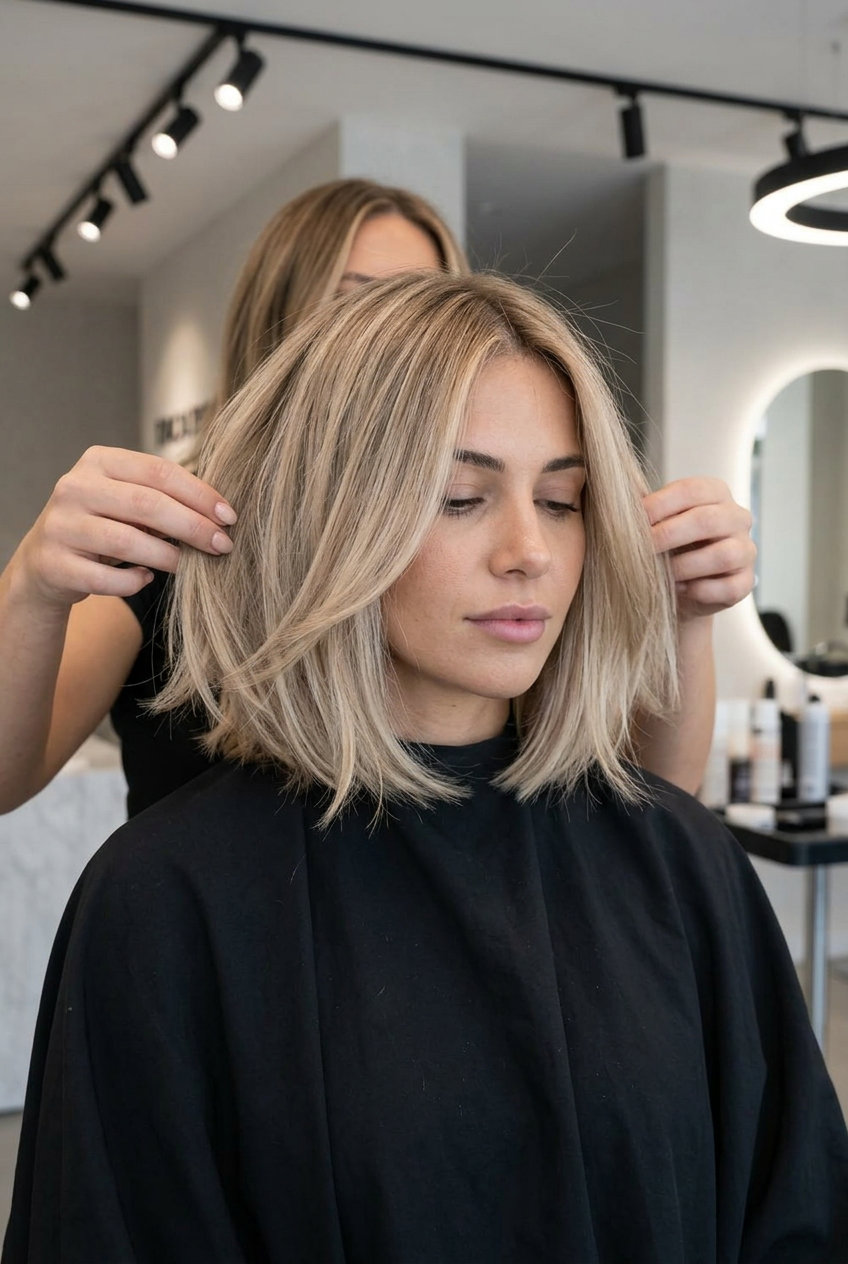 short sandy blonde tousled bob with root melt and diffused ends for effortless style
