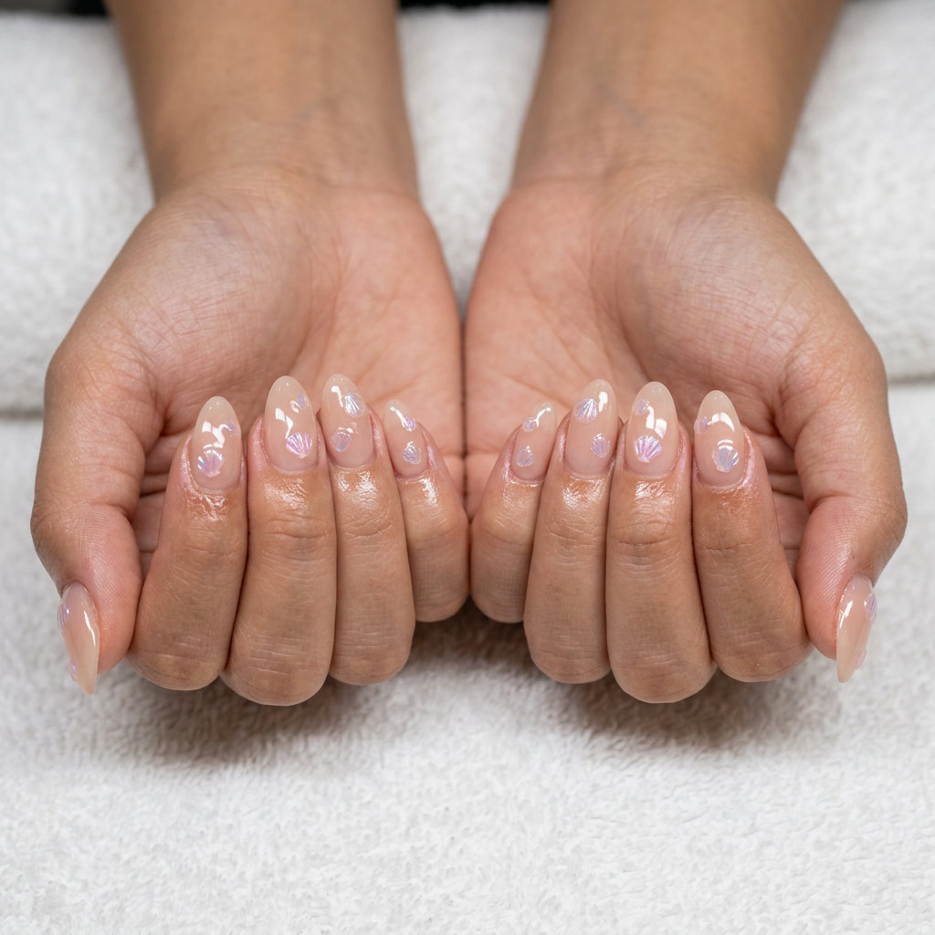 Sophisticated shell summer nails 2026 with 3D iridescent decals for weddings or summer events.
