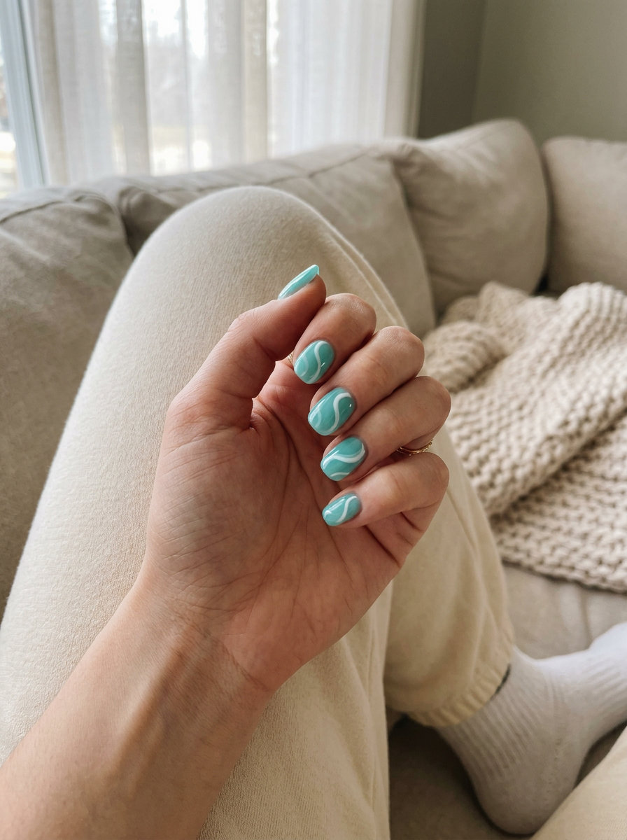 Aqua jelly ocean swirl nails for shell summer nails 2026. Refreshing vacation style.