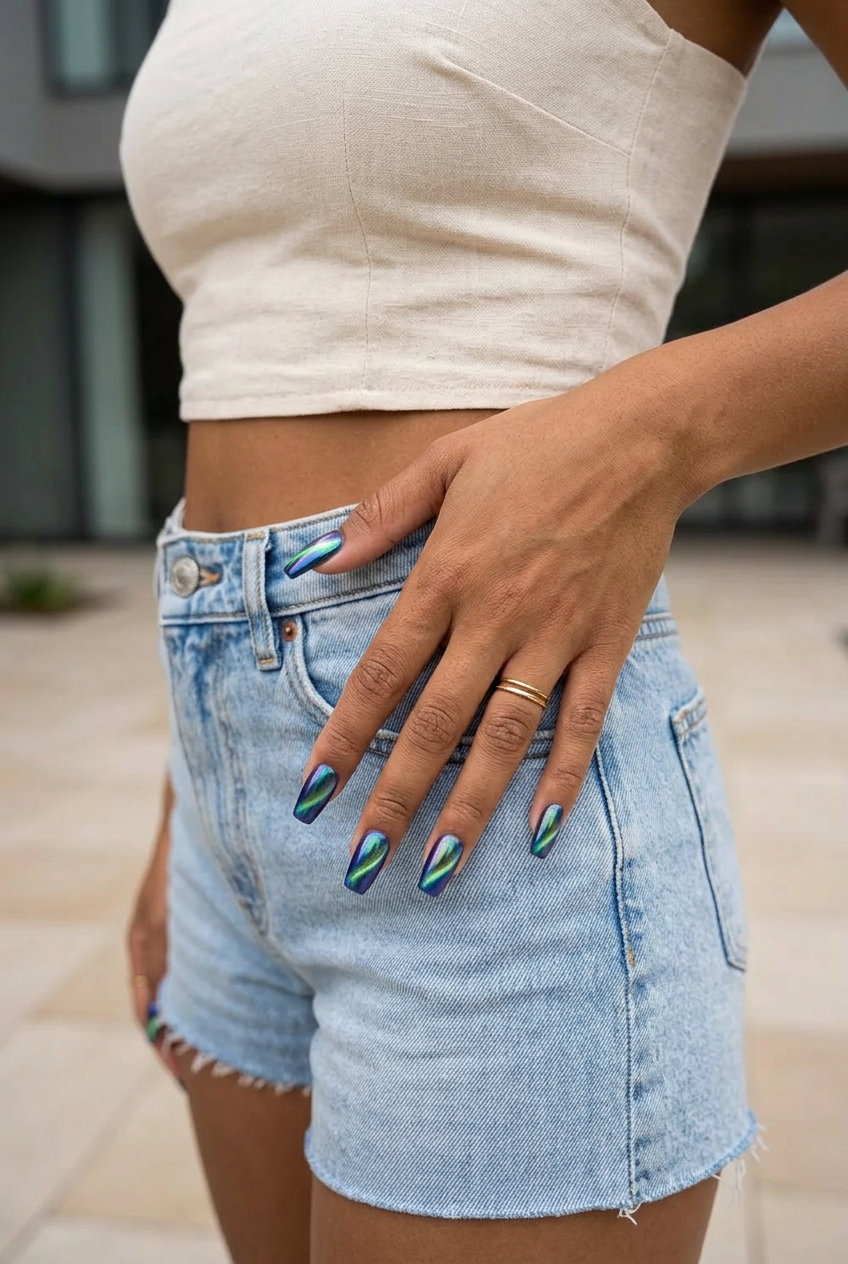 Iridescent cat-eye coffin nails for shell summer nails 2026. Glamorous party style.