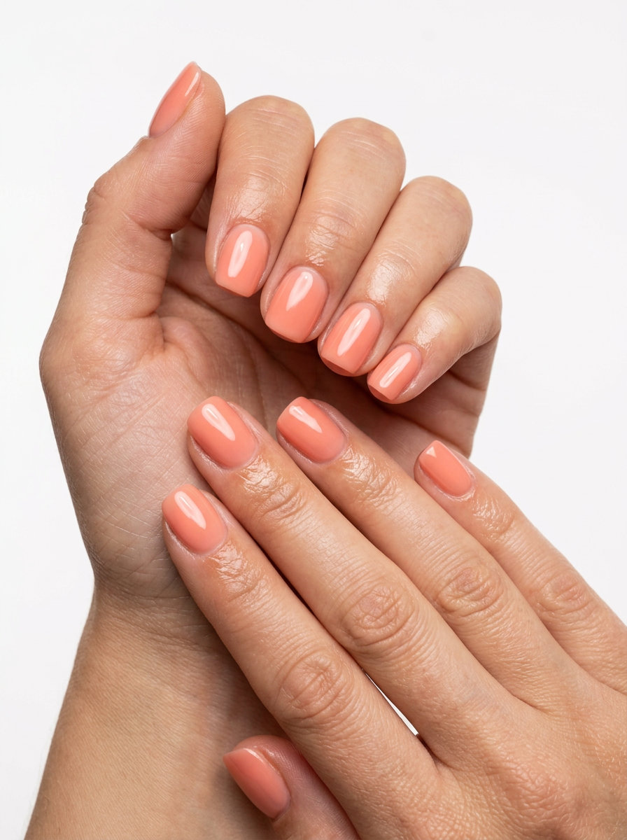 Soft coral milky glaze nails for shell summer nails 2026. Chic casual outing style.
