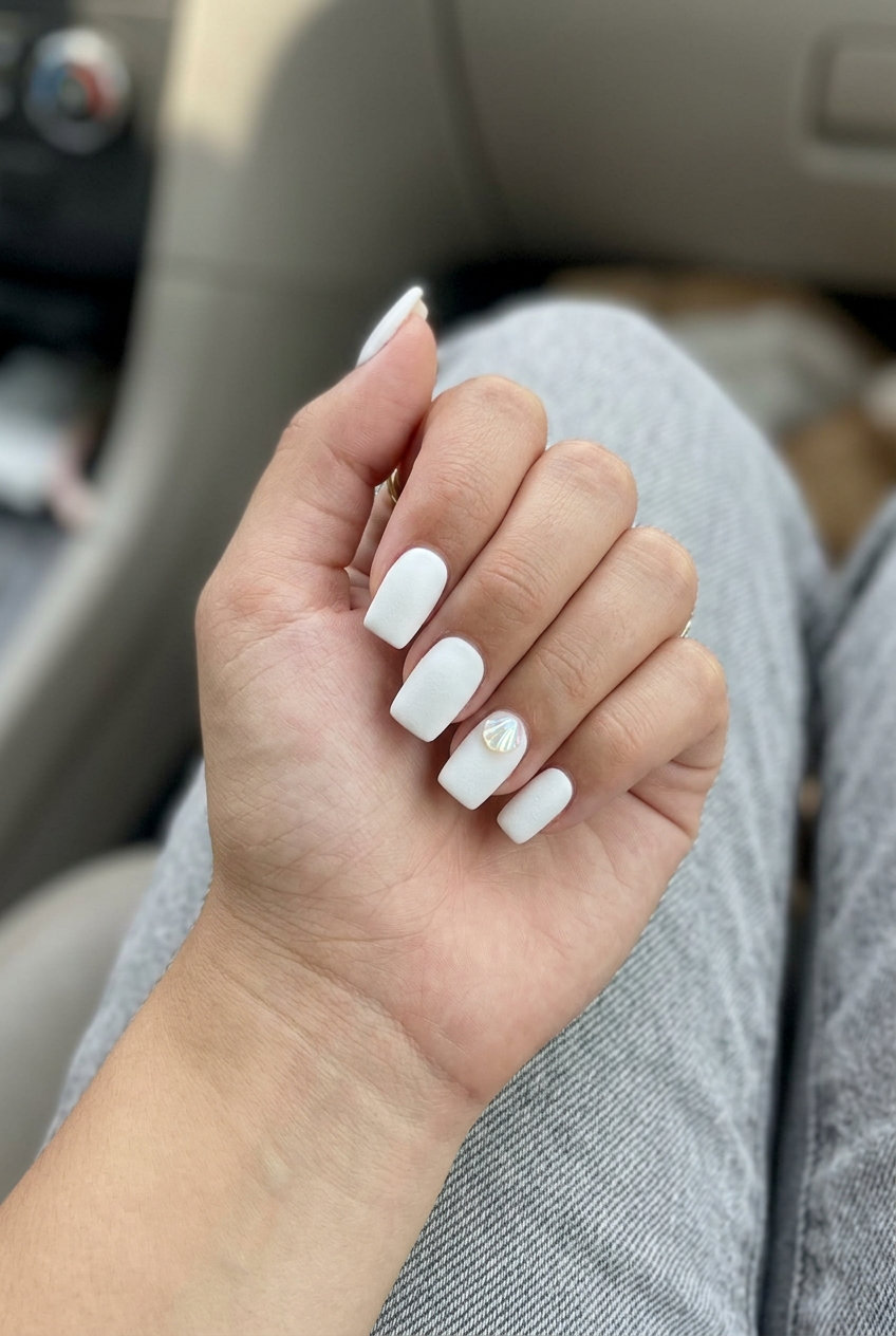 Iridescent Shell Accent Nails for shell summer nails 2026: natural nude with iridescent shell charms.