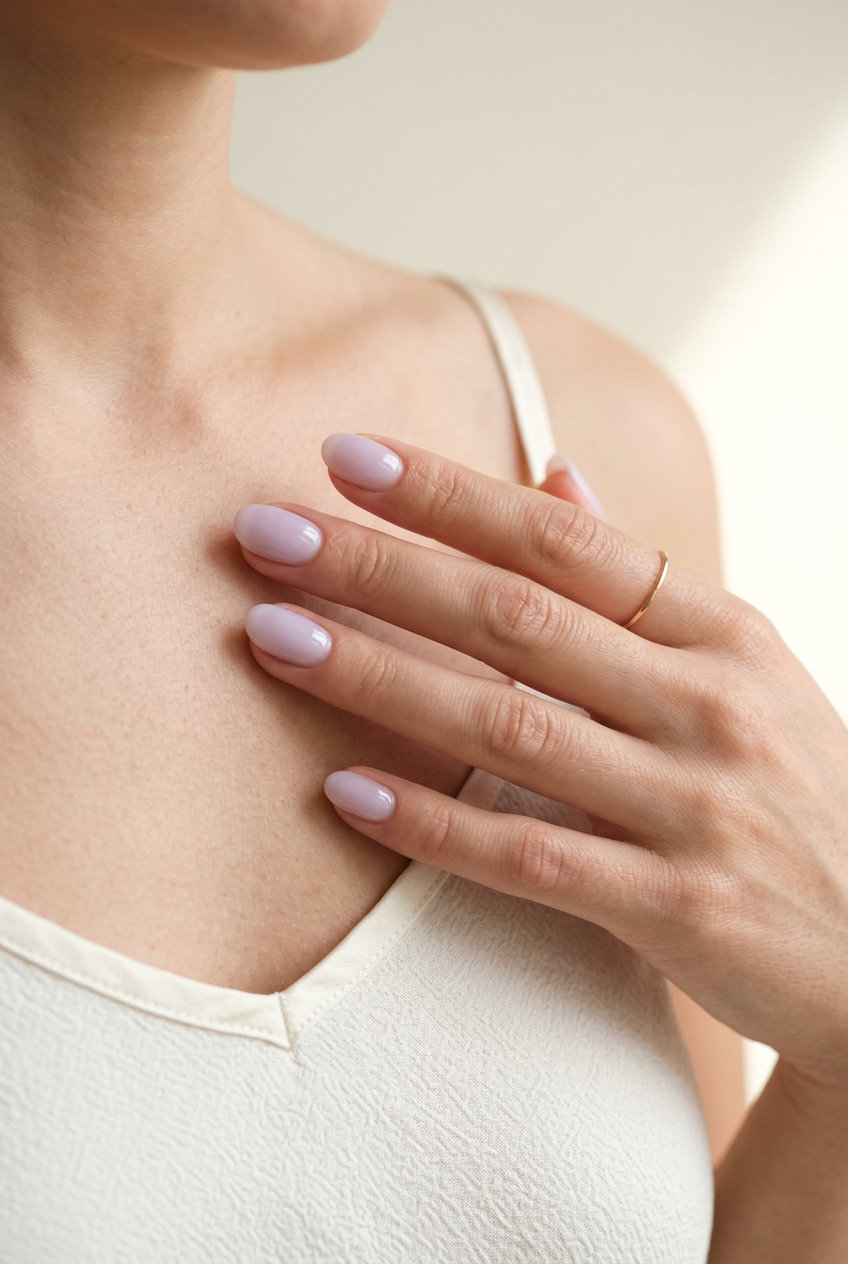 Sheer lavender milky bath nails for shell summer nails 2026. Romantic relaxation style.