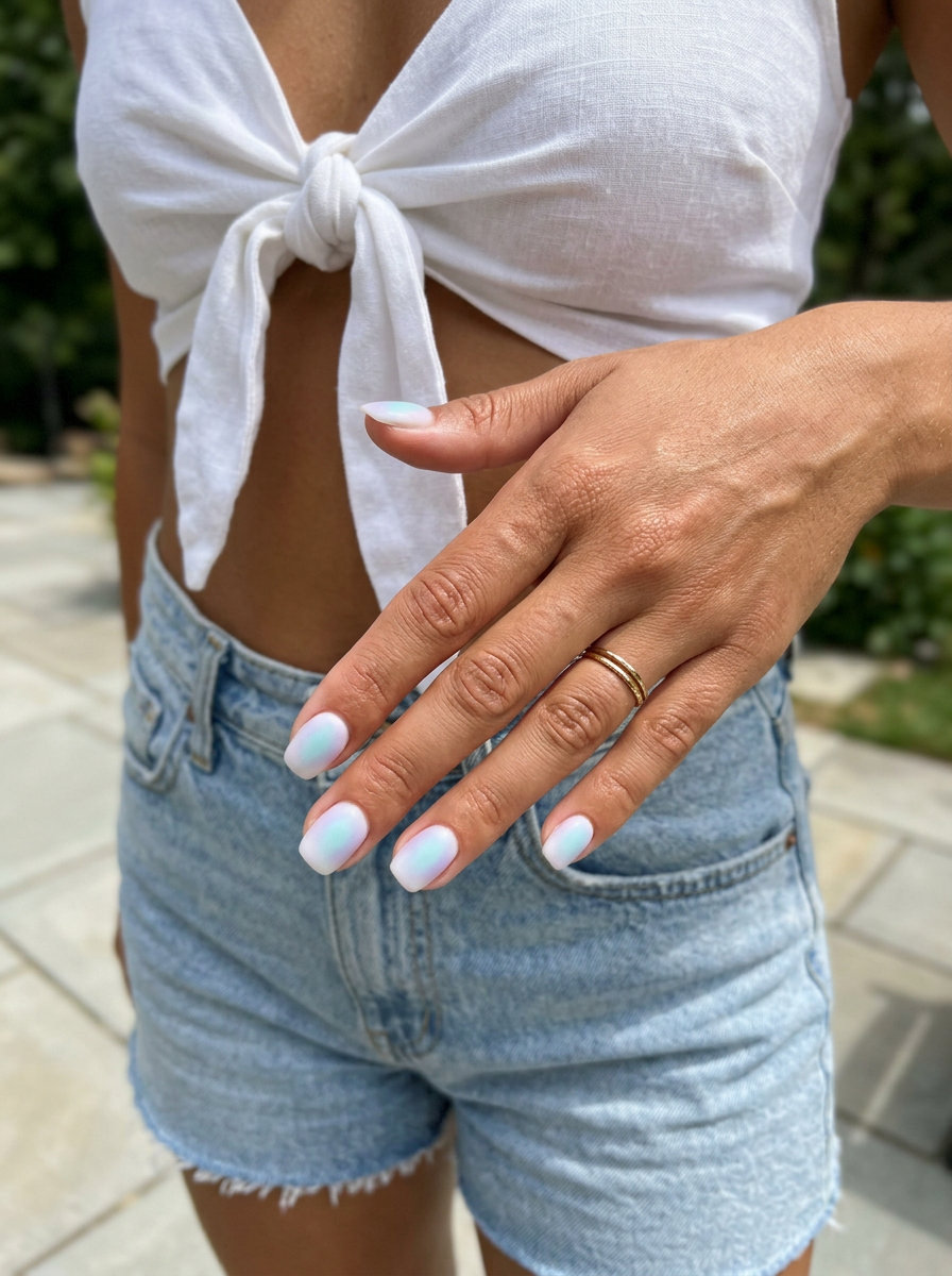 Ocean aura squoval nails with matte finish for shell summer nails 2026. Whimsical beach style.