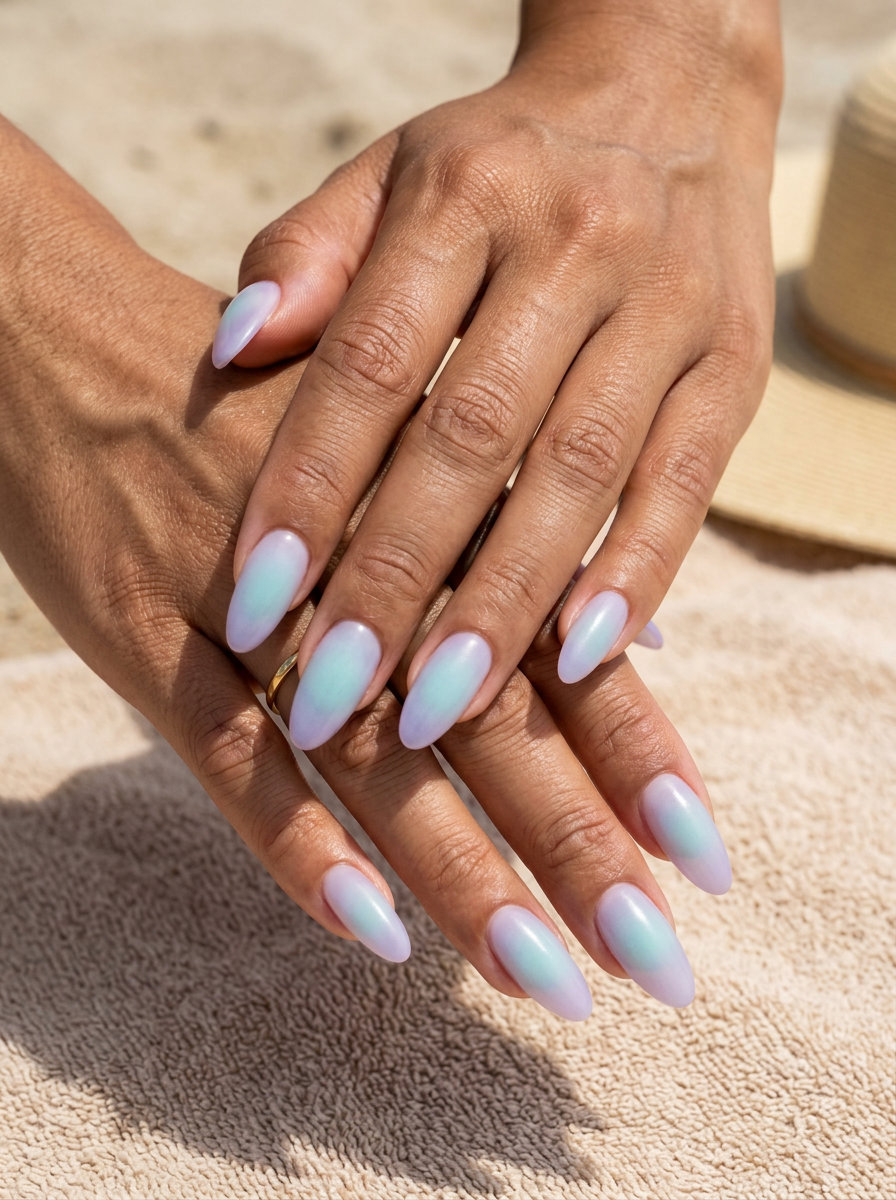 Ocean Aura Squoval nails for shell summer nails 2026: pale aqua, lavender gradient with a satin-matte finish.
