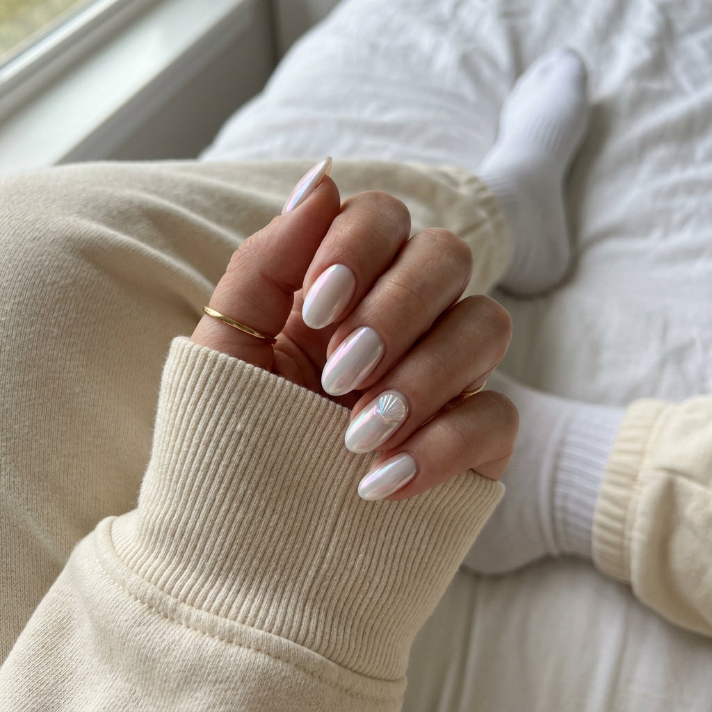 Pearlescent Seashell Almond Glaze nails for shell summer nails 2026: milky white with iridescent pearl sheen.