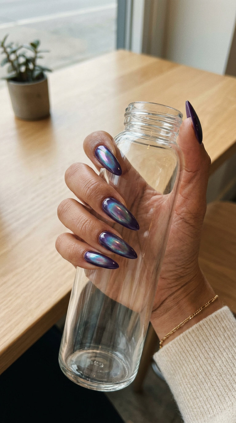 Purple chrome aura nails for shell summer nails 2026. Edgy party and festival style.