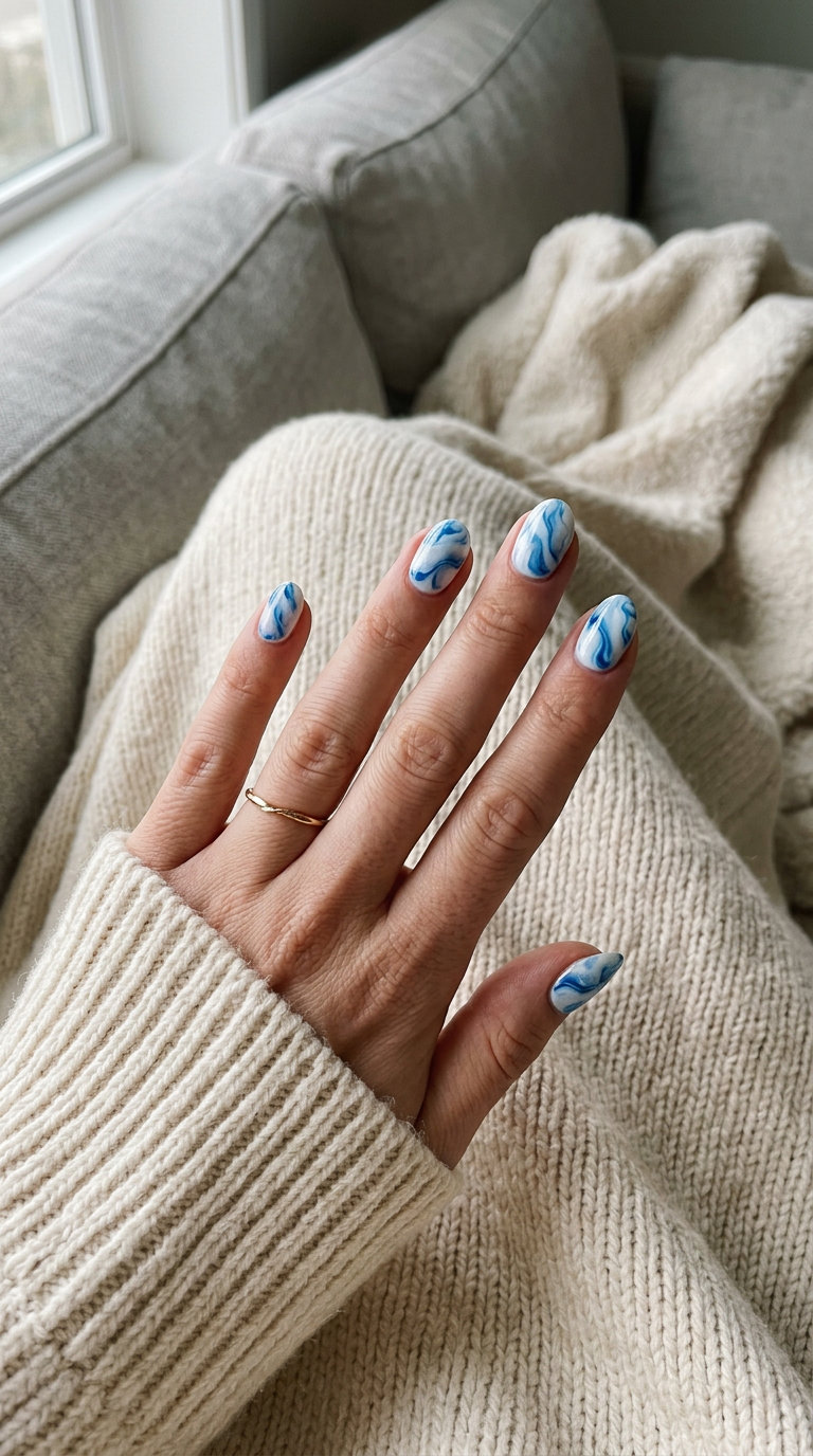Sophisticated blue marble short oval summer nails 2026 for events and date nights.