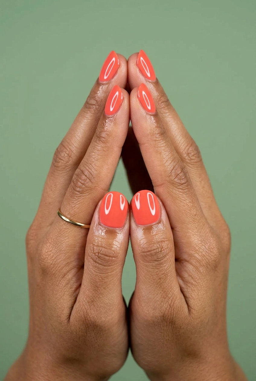 Vibrant coral opaque short oval summer nails 2026 with a glossy finish for sporty chic.