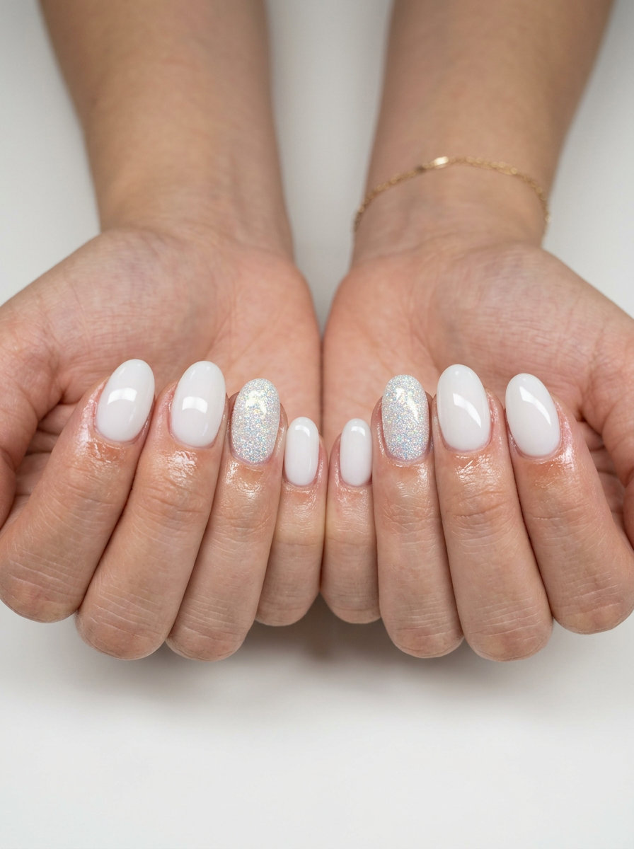 Short oval summer nails 2026: Milky white with sparkling glitter accent nail. Glamorous for parties & events.