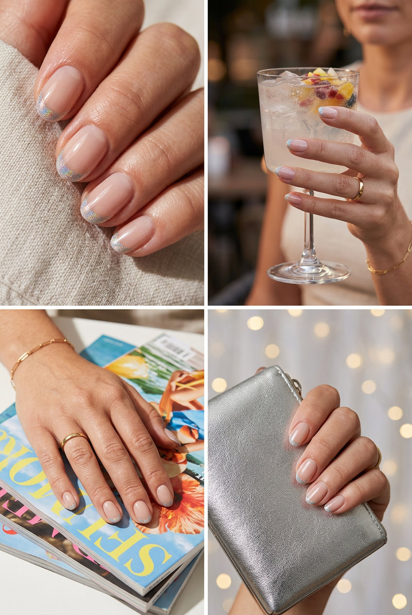 Short oval summer nails 2026: Holographic French Summer Sparkle - glitter tips.