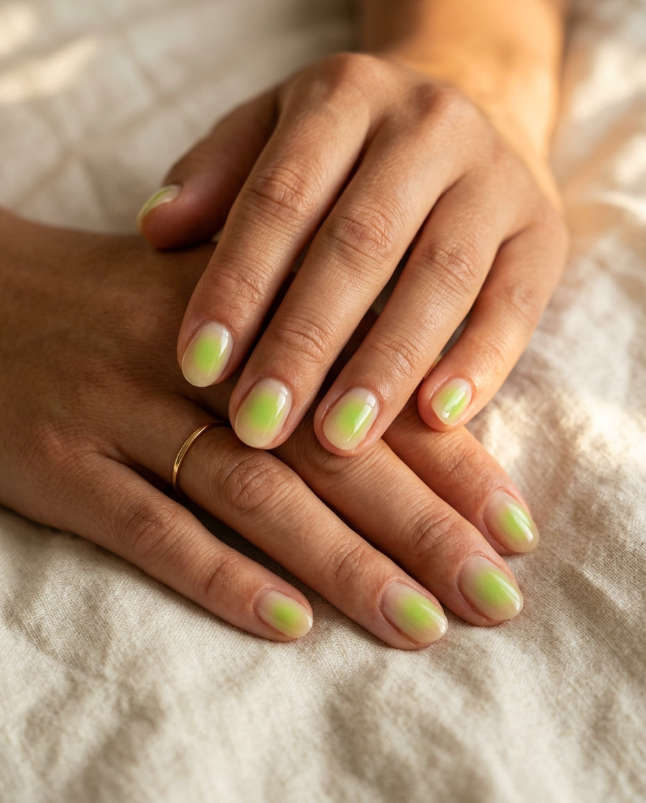 Lime green aura short oval summer nails 2026 with a glossy finish for festivals.