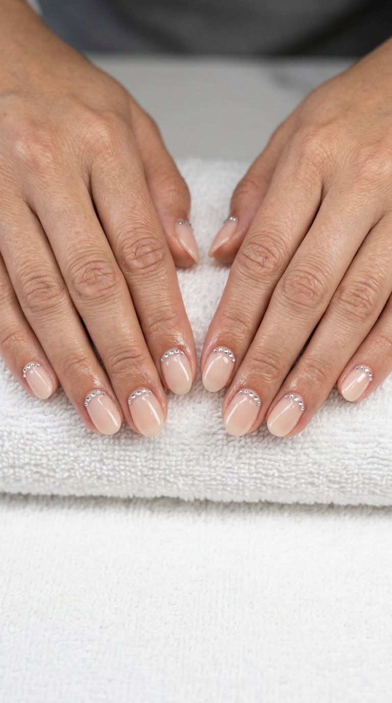 Short oval summer nails 2026: Dainty nude with clear rhinestone garden accents. Glamorous for date nights.