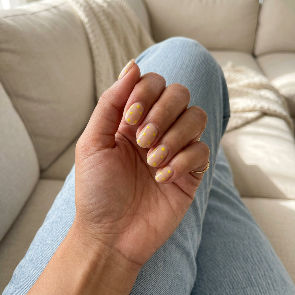 Short oval summer nails 2026: Nude beige with bright yellow dot daisies. Sweet & playful for casual days.