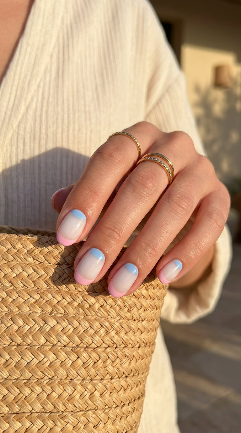 Pastel duo reverse French short oval summer nails 2026 for casual outings.