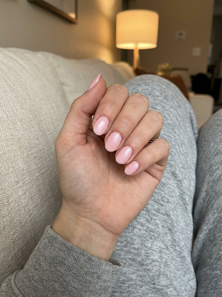 Short oval summer nails 2026: Shimmering soft pink for date nights or summer soirees. Romantic & elegant.