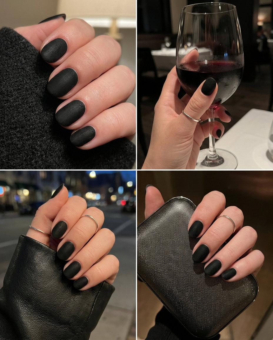 Velvet black short oval summer nails 2026 with a matte finish for edgy style.