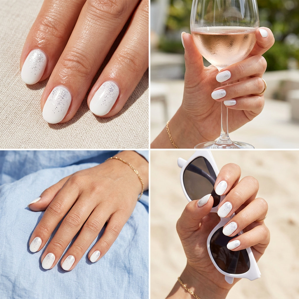 Short oval summer nails 2026: Sparkling white glitter with silver comet accents. Glamorous for parties & festivals.