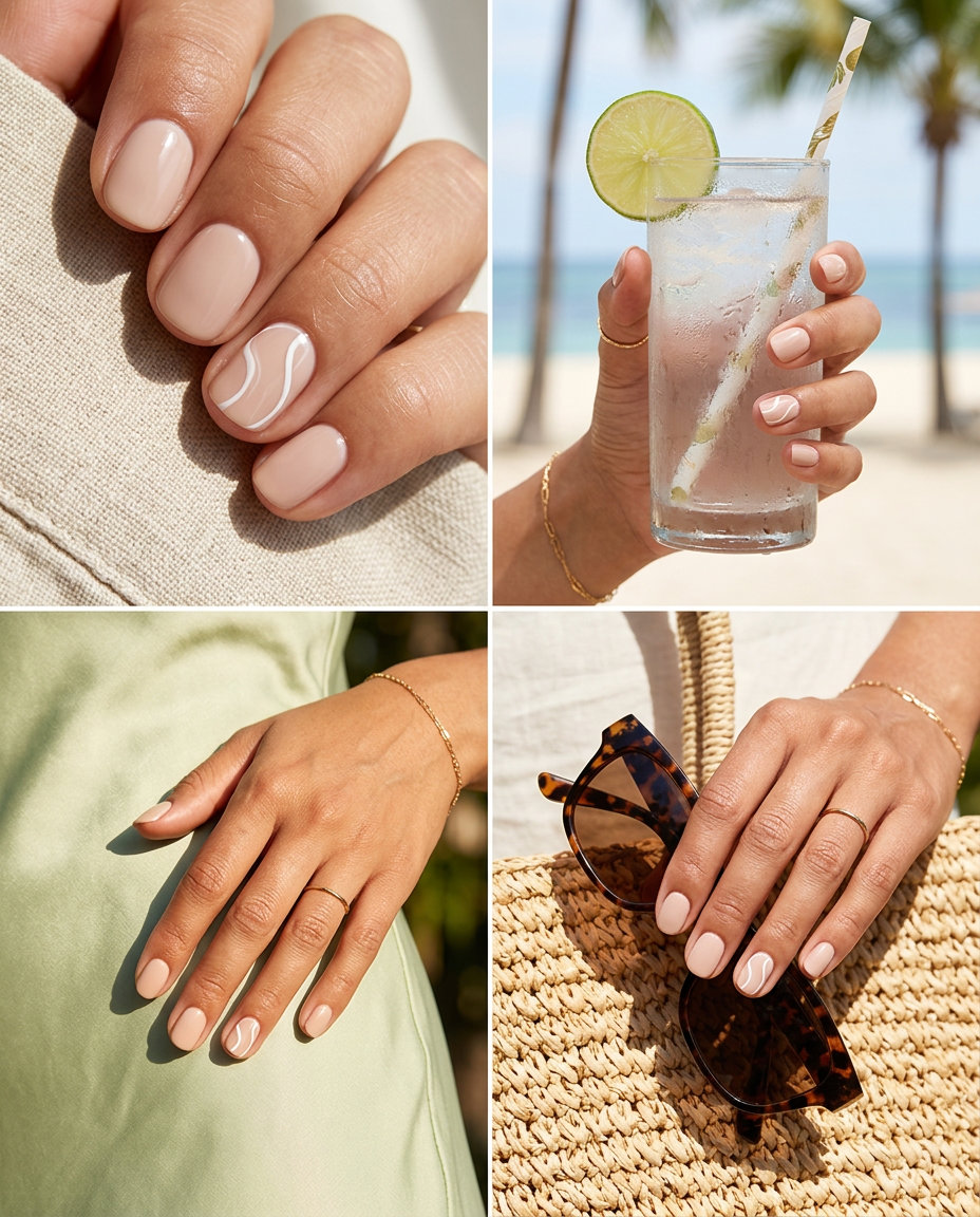 Short round summer nails 2026: Neutral nude with abstract white swirls for chic style.