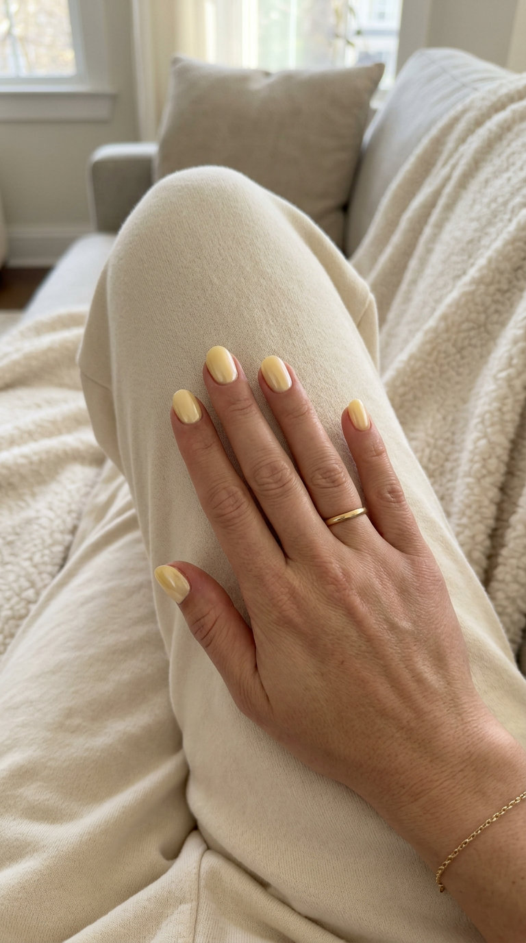 Short round summer nails 2026 in butter yellow with a pearlescent glaze for a romantic look.