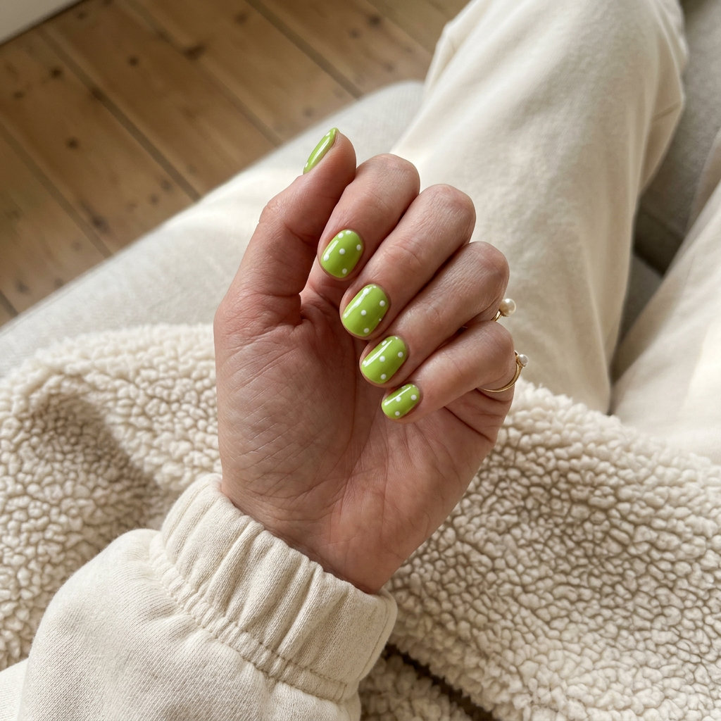 Short round summer nails 2026 in lime green with white dots for a playful casual look.