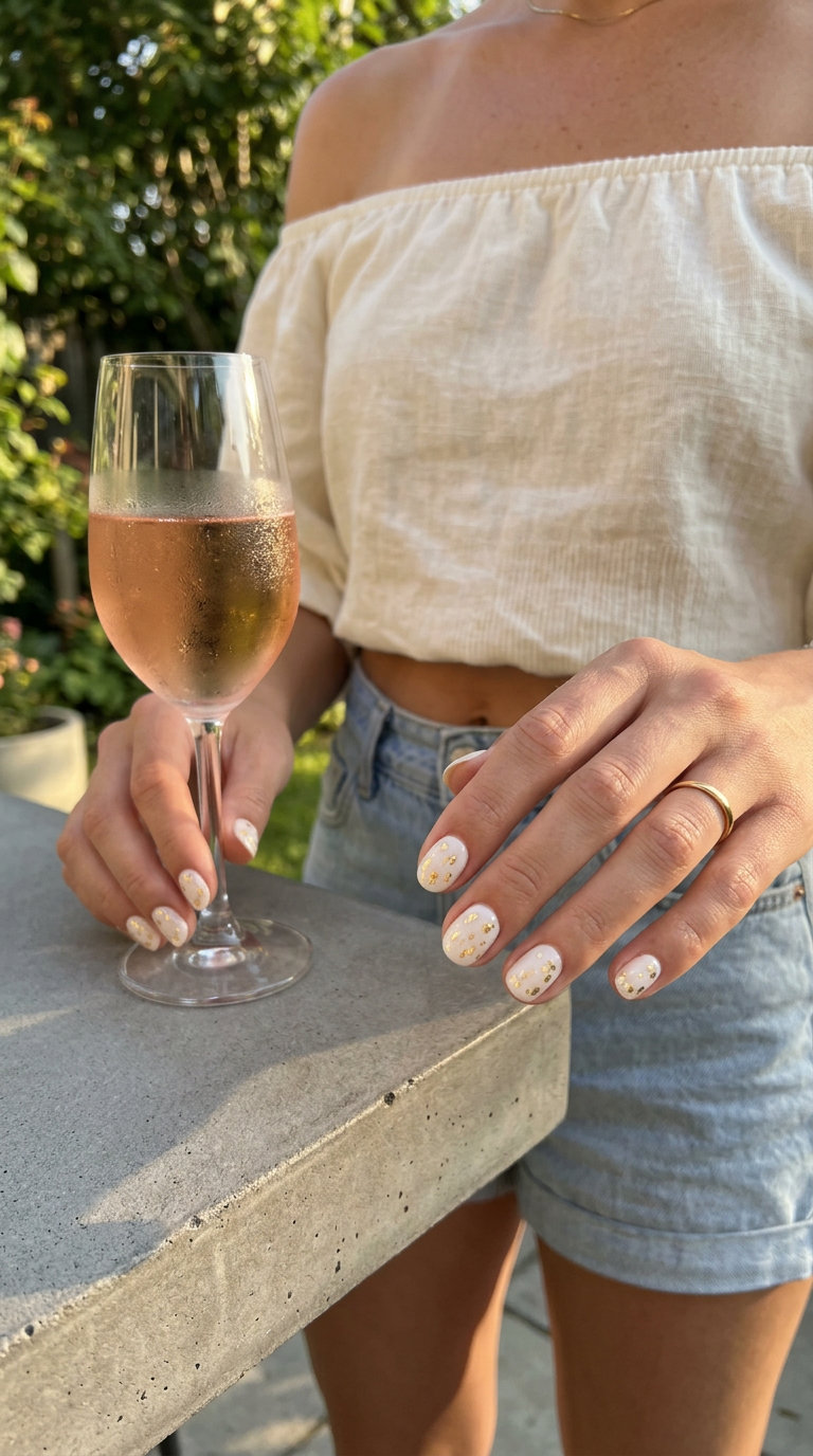 Short round summer nails 2026 in white with gold foil flakes for an elegant party look.