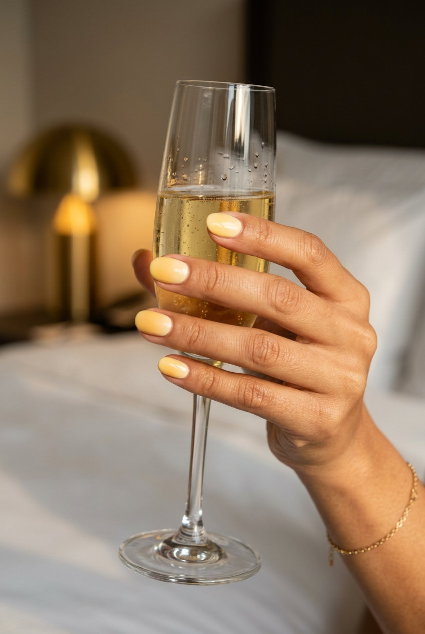 Short round summer nails 2026: Pale yellow to deep yellow ombre for vacation.