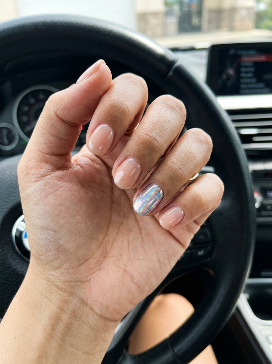Short round summer nails 2026 with nude and holographic chrome for a sophisticated daily look.