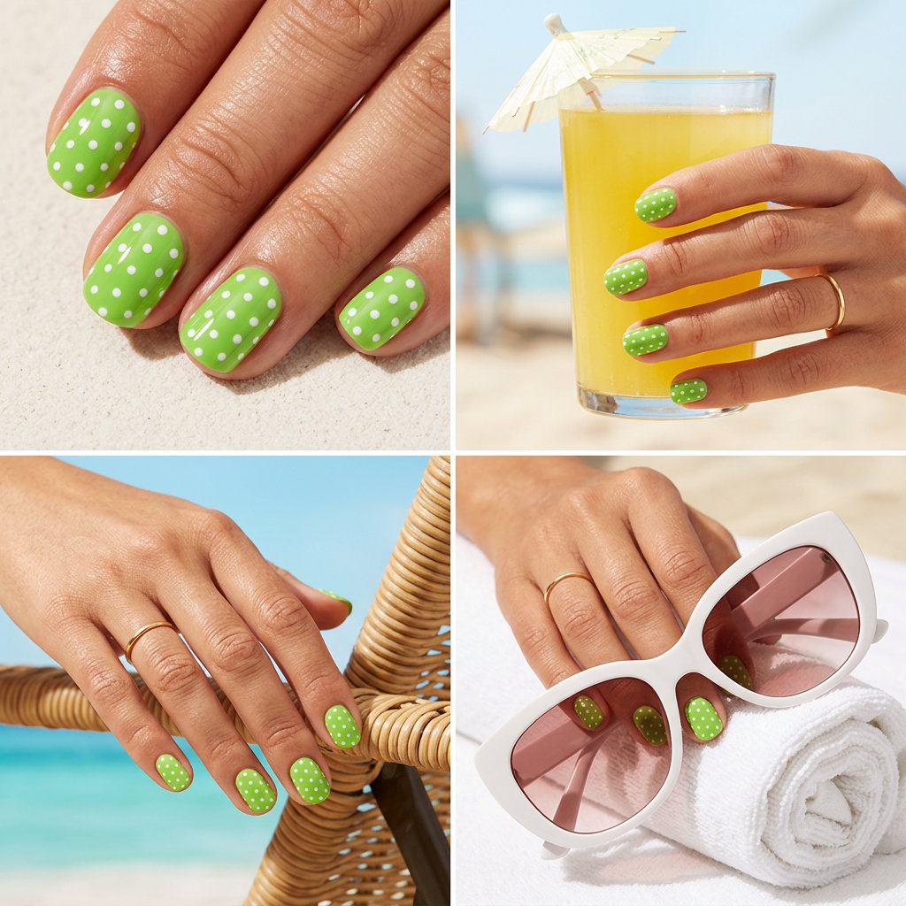 Short round summer nails 2026 in lime green with white dots for a playful casual look.