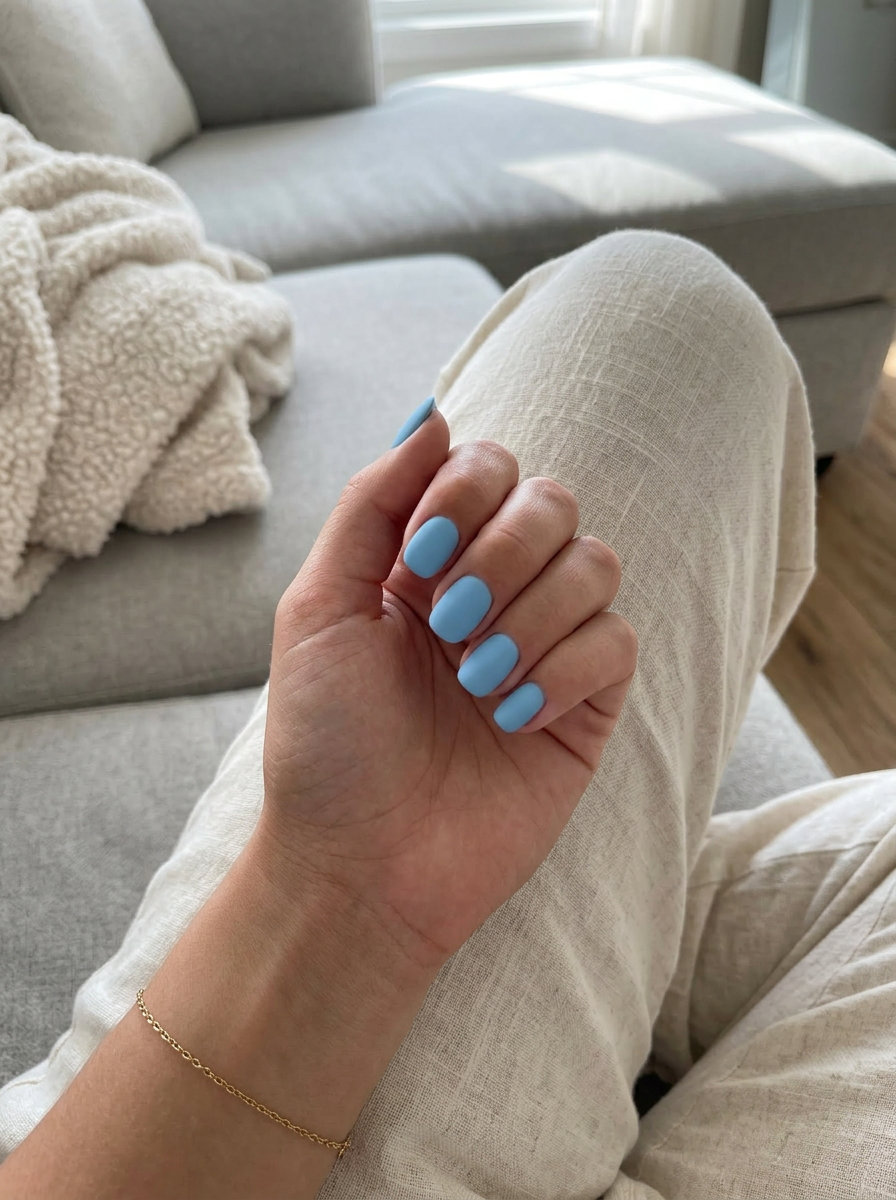 Short round summer nails 2026: Matte sky blue for casual everyday and work.