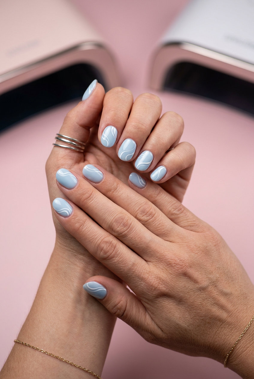Short round summer nails 2026 in milky blue with white abstract swirls for a dreamy look.
