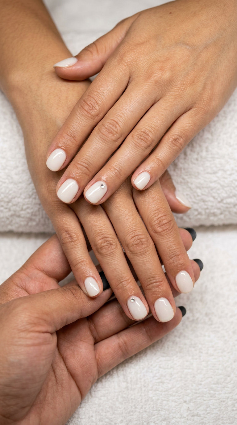 Short round summer nails 2026 in milky white with a clear crystal rhinestone accent.