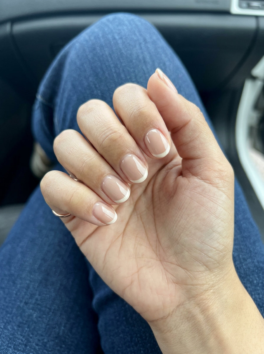Short round summer nails 2026: Modern nude with curved white French tip for daily wear.
