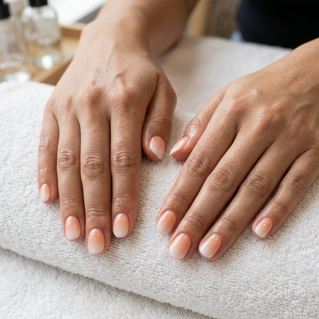 Short round summer nails 2026: Peach to white ombre for wedding guests and brunch.