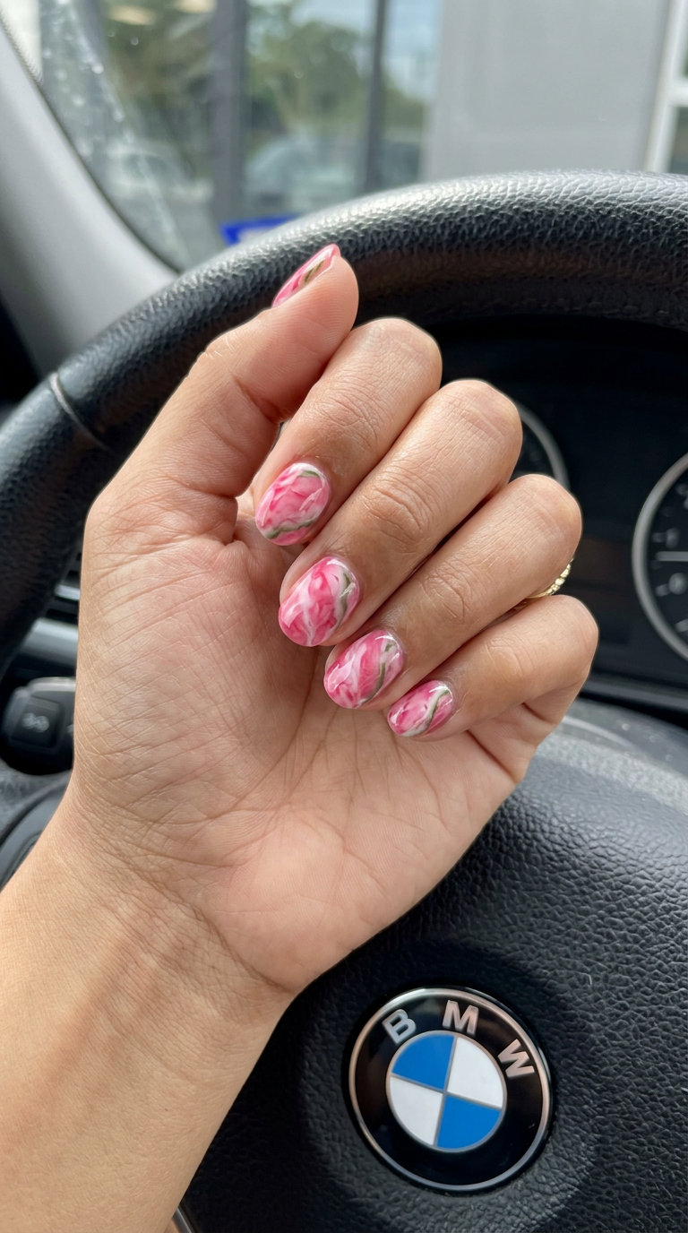 Short round summer nails 2026: Pink marble design with green accents for vacation and beach days.