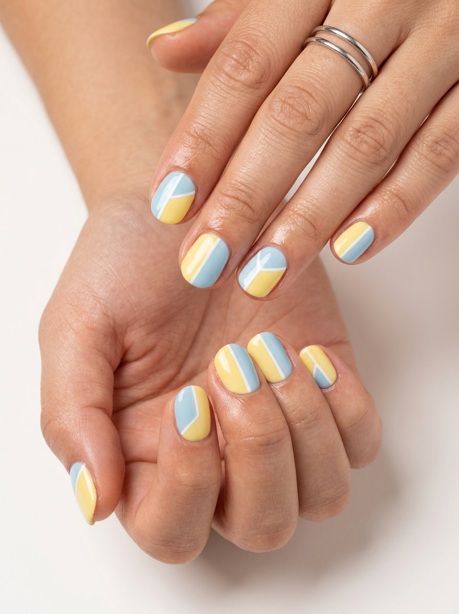 Short round summer nails 2026: Retro color block design in yellow and blue for festivals.