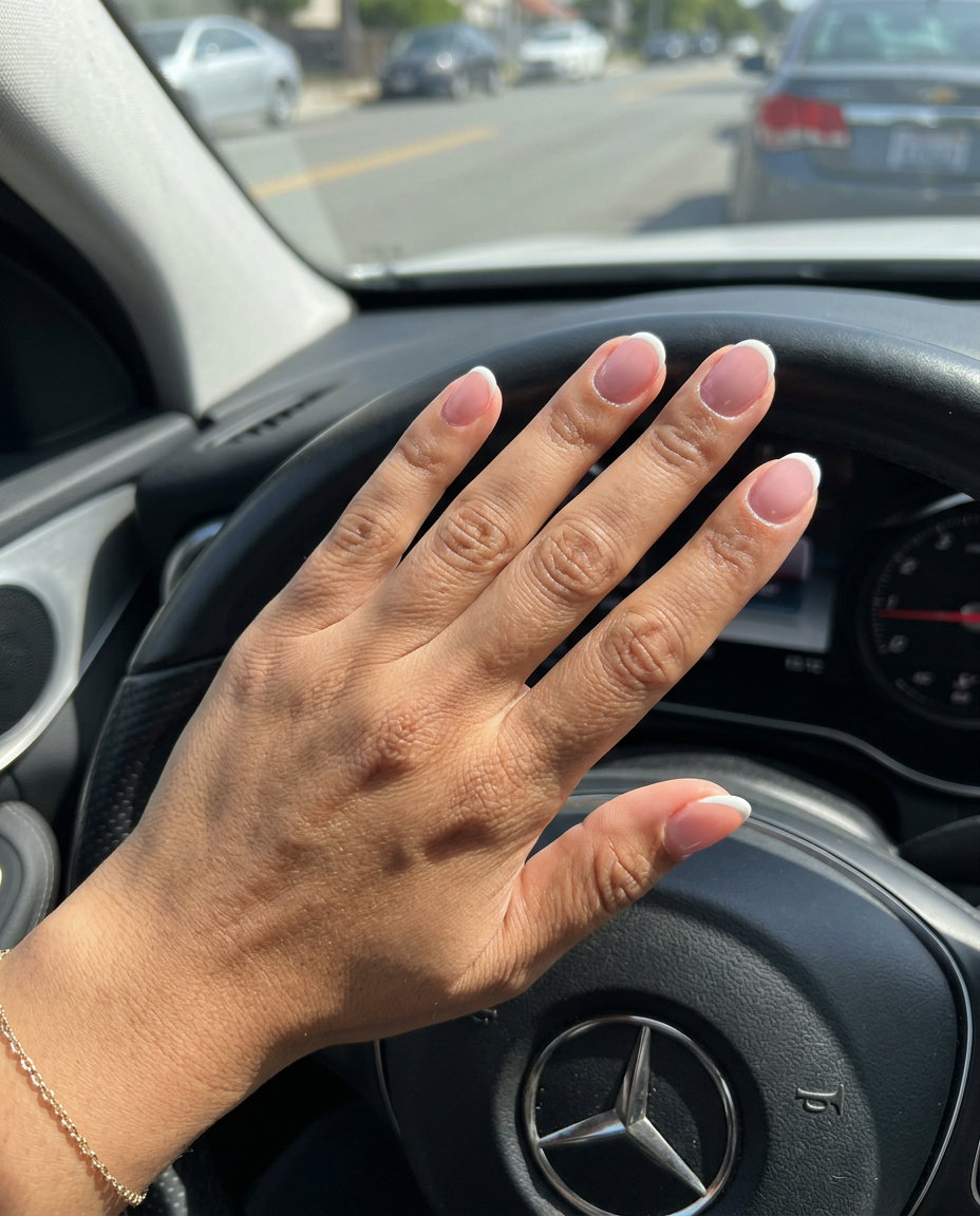 Elegant short round summer nails 2026 with a sheer pink base and classic white French tip.