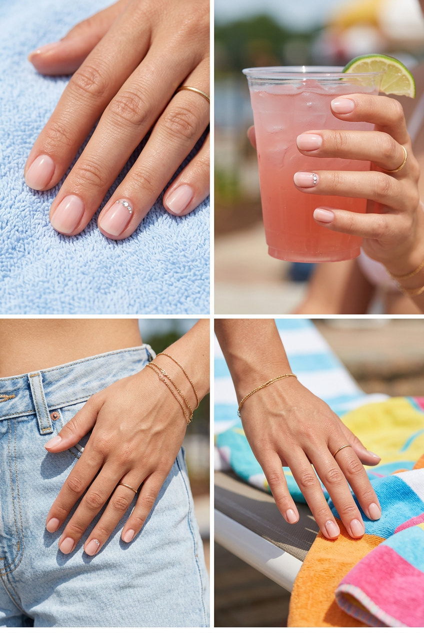 Short round summer nails 2026 with sheer pink and clear rhinestones for a glamorous party look.