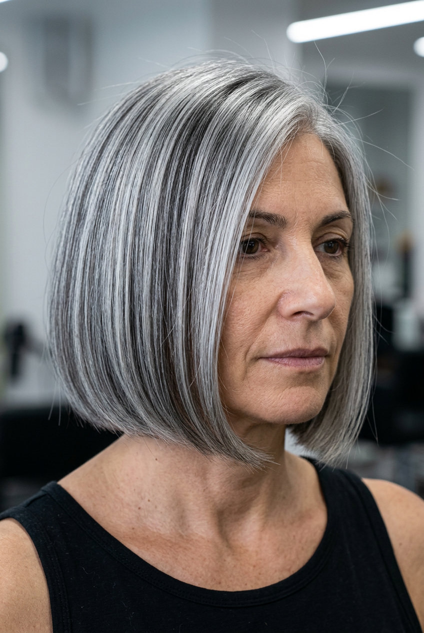 chin-length silver bob with charcoal lowlights and deep side part — professional chic