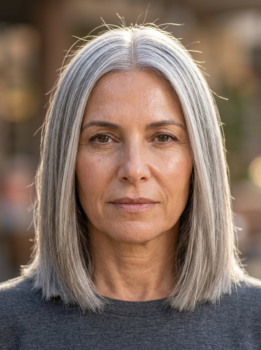 collarbone-length blunt lob haircut in expensive grey with silver lowlights and pearl highlights for polished professional look