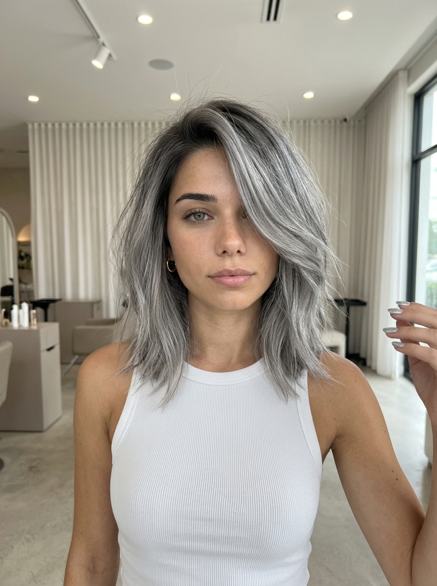 Modern Silver Fox Lob 2026 medium lob haircut with silver grey & charcoal tones, diffused layers, no bangs for summer