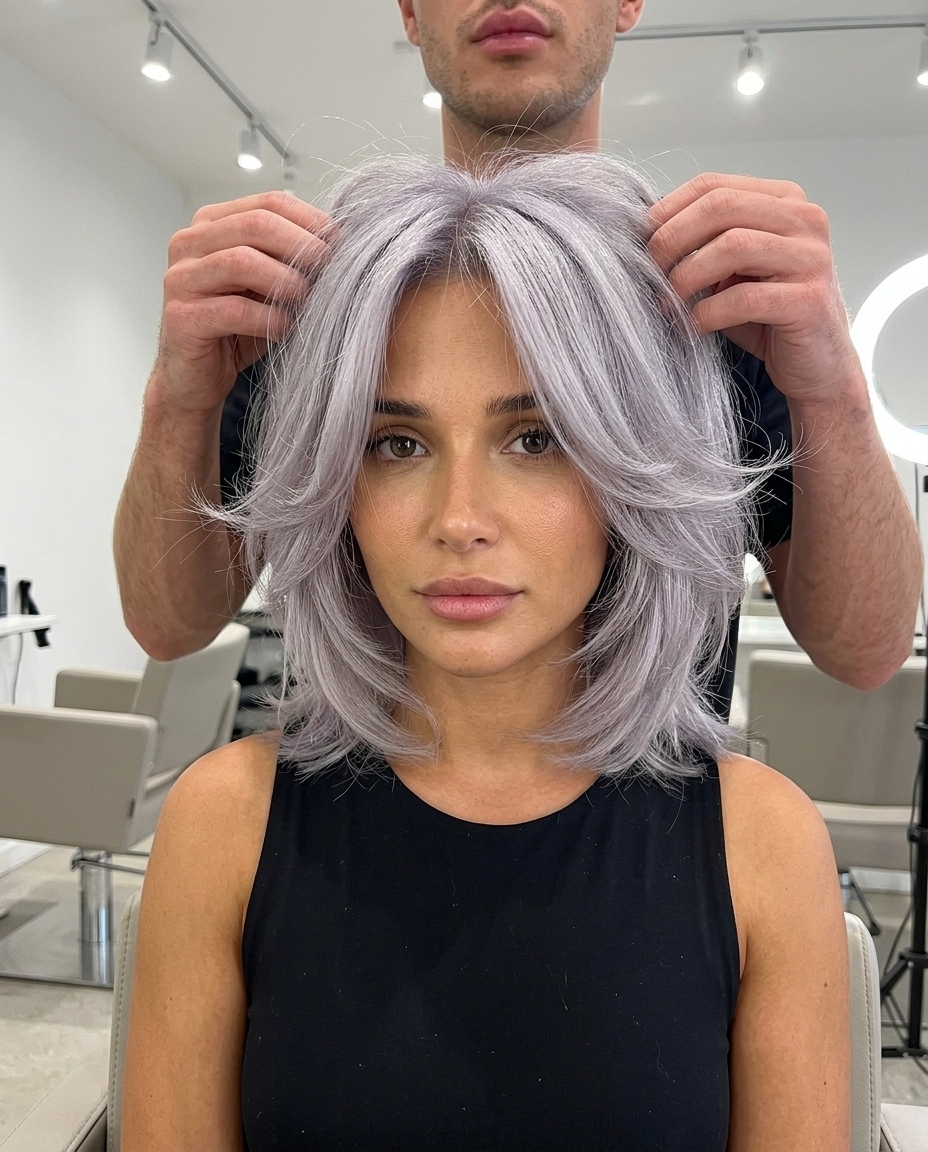 short silver-grey butterfly pixie haircut with feathered layers and wispy fringe, uniform color — sophisticated, edgy