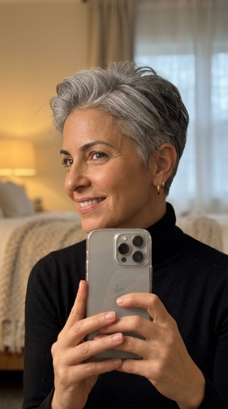 short pixie haircut in natural silver-grey with tapered sides for summer