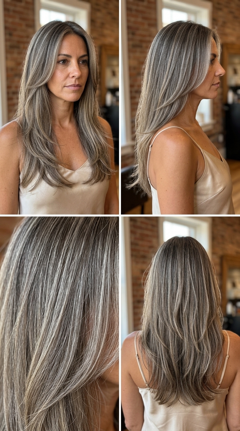 long flowing haircut with natural silver streaks and internal layers for summer